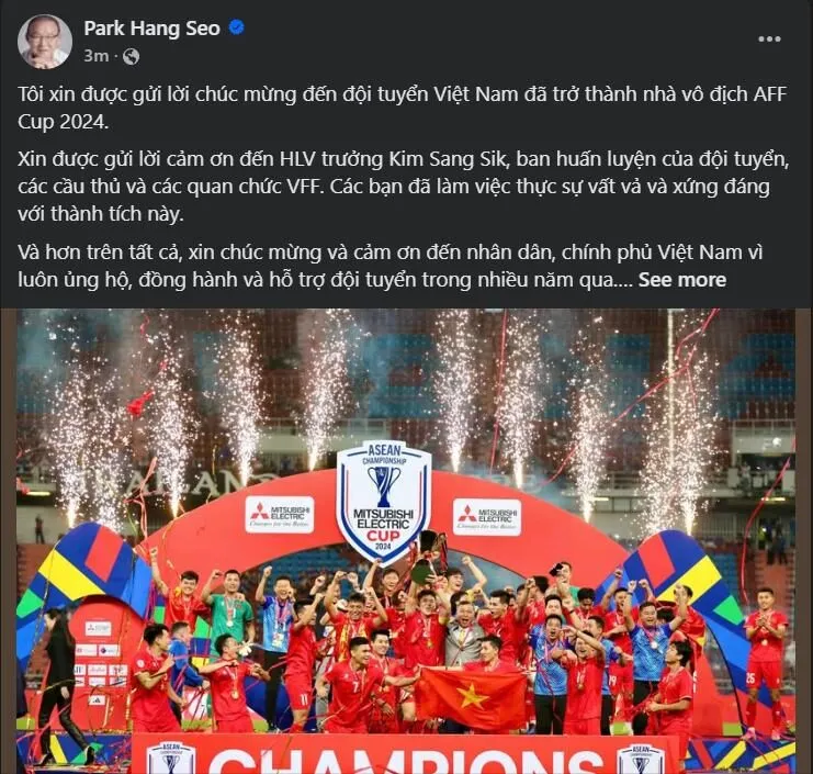 ĐT Việt Nam vô địch Asean Cup, FIFA Và AFC hết lời ca ngợi ngày 06/01/2025 2 HLV Park Hang Seo ca ngợi ĐT Việt Nam